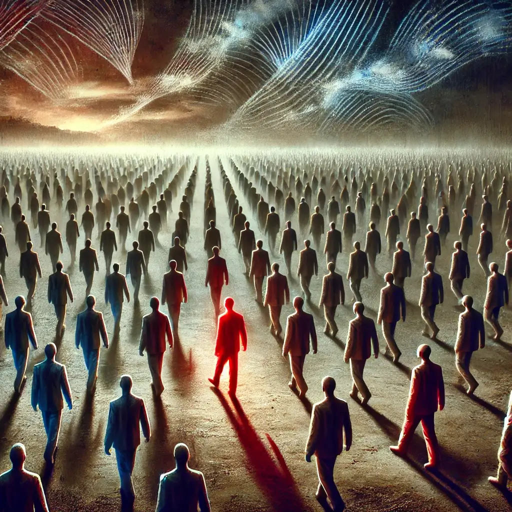 a mass of mindless men in suits walking towards the horizon