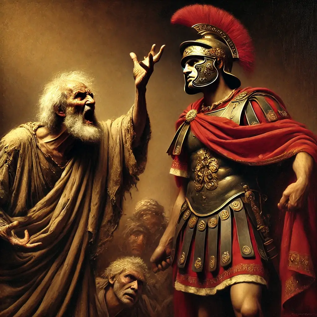 an old faded painting of. n elderly man in robes decrying a roman military officer