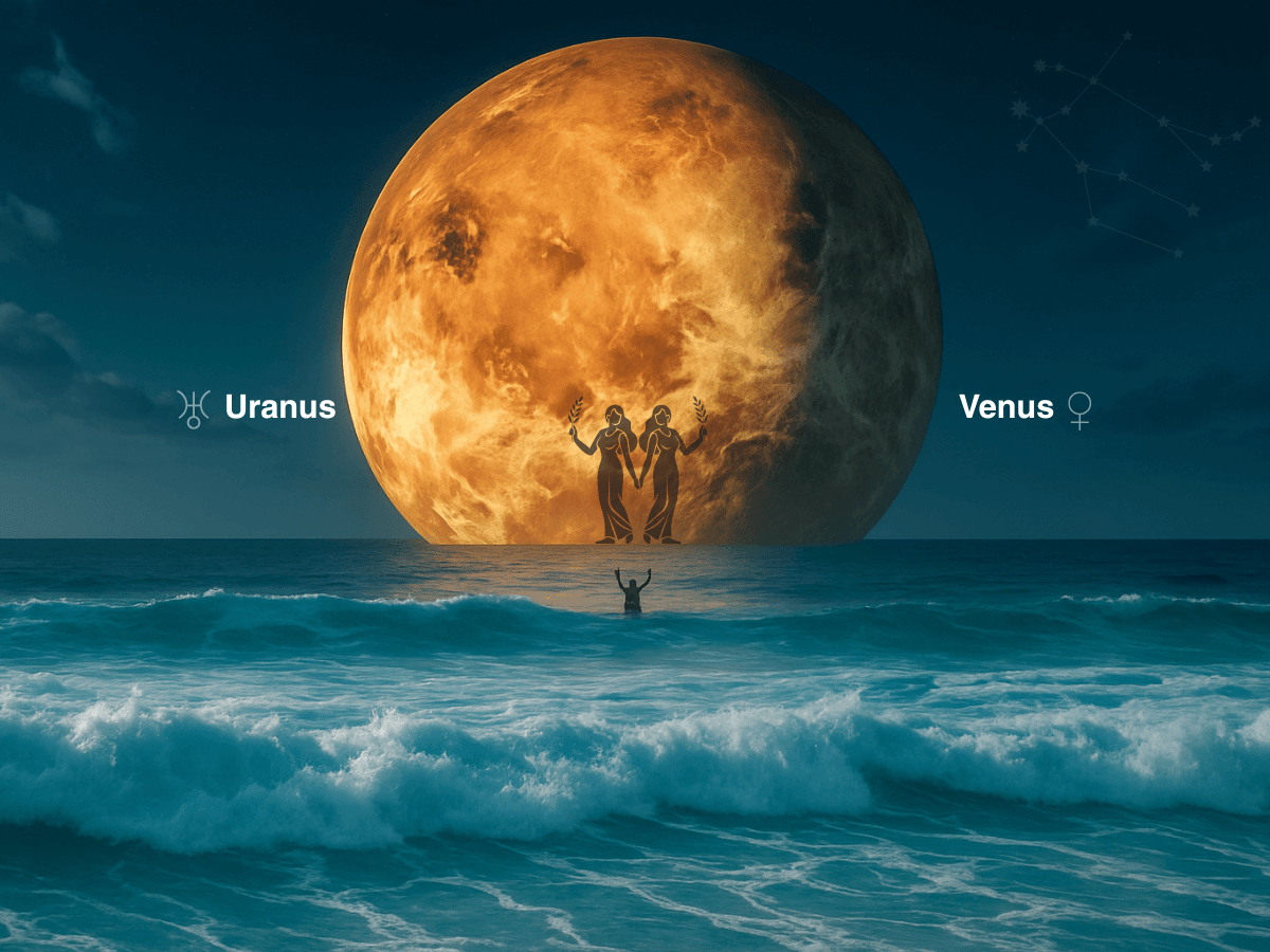 Venus setting in the background of an ocean with the gemini twins in the foreground