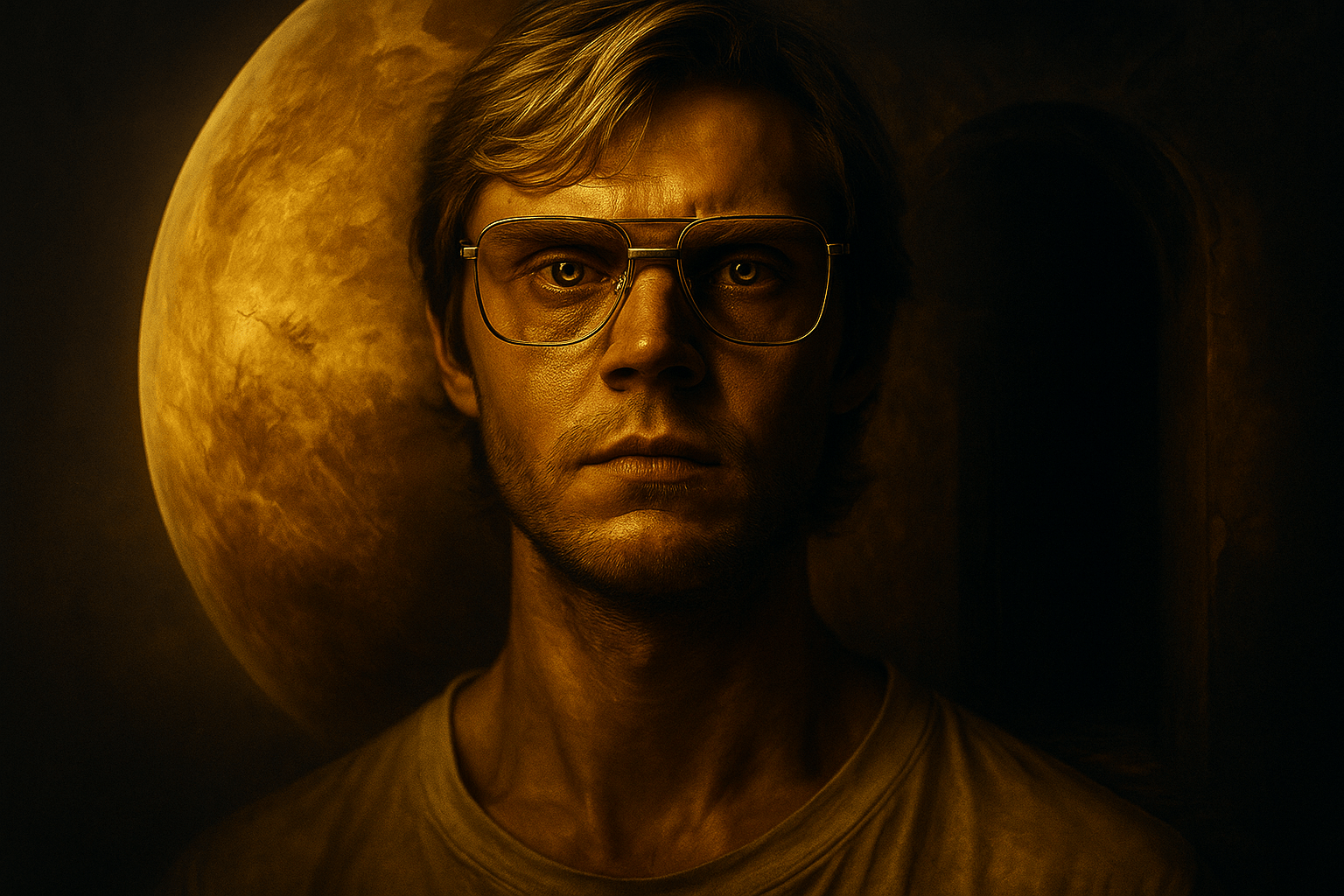 Jeffrey Dahmer overlayed with the planet Venus in the background